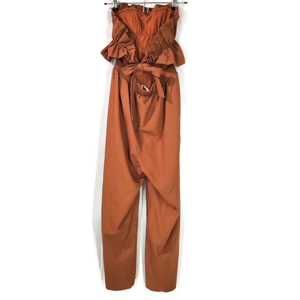 ASTR the label ruffle top jumpsuit linen cotton rust brown size S - Picture 9 of 14